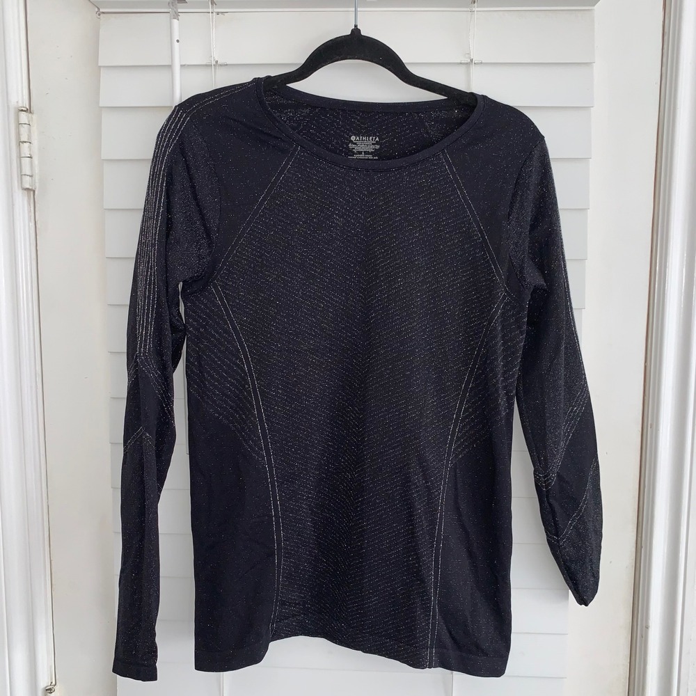 Athleta Womens Black Silver Metallic Glitter Seamless Long Sleeve Top Large L